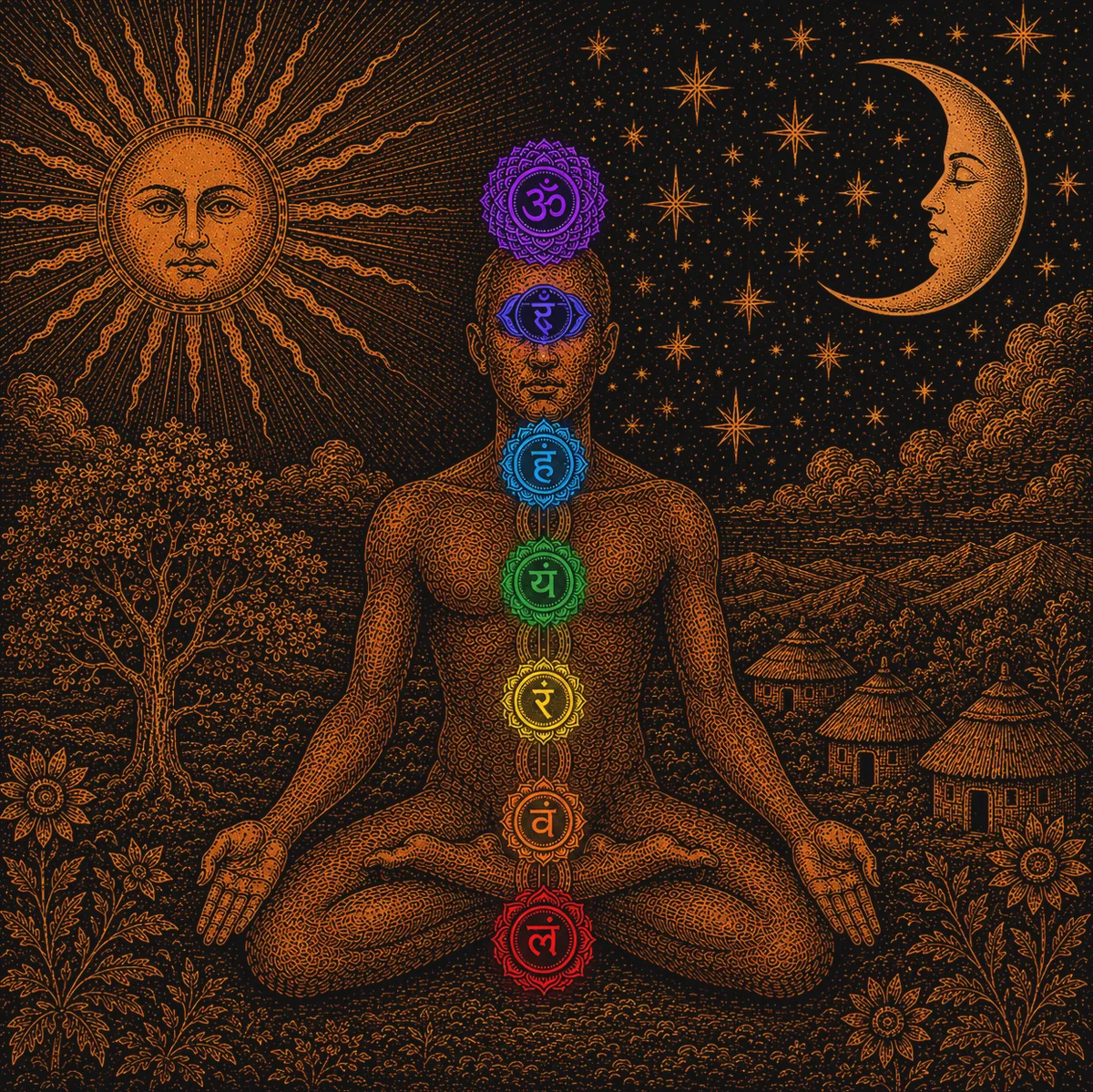 Engraving of a meditating figure with the seven chakras illuminated along the spine, beneath the sun and moon