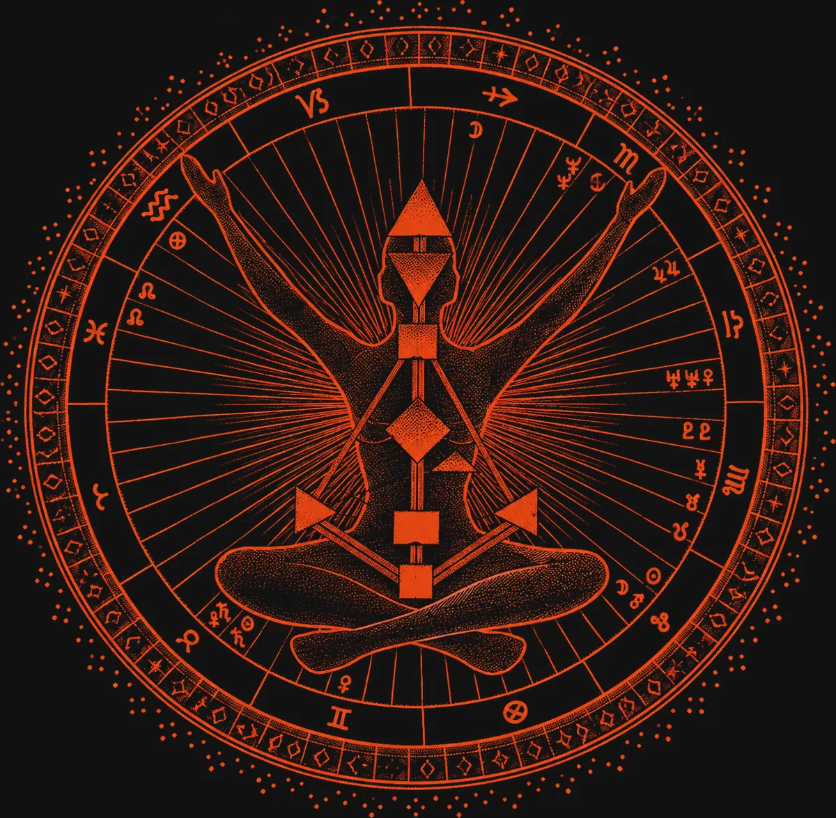 Engraving of a seated figure with arms raised, the Human Design bodygraph over the body inside a zodiac wheel